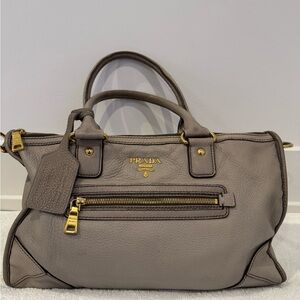 Prada Grey Lamb Skin Leather Satchel with Gold Accents